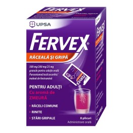 FERVEX RACEALA SI GRIPA PENTRU ADULTI CU AROMA DE ZMEURA 500mg/200mg/25mg, 8 plicuri